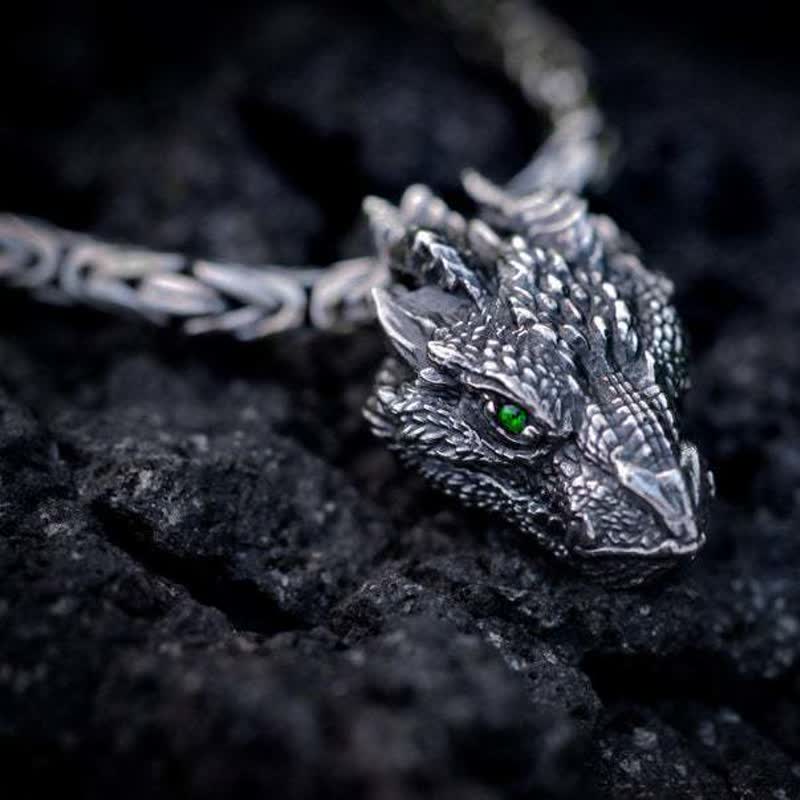 WorldNorse Men's Viking Green Eye Dragon Head Necklace