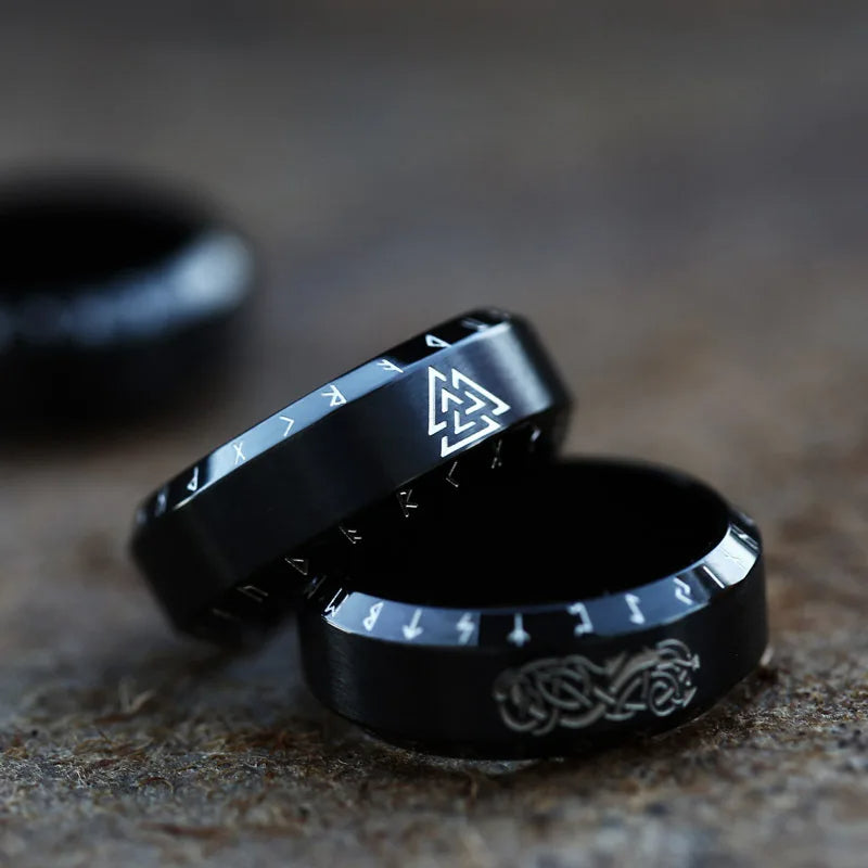 WorldNorse Norse Dragon Runes Stainless Steel Viking Ring - Black Valknut - AU Size Z (US 13) - image 1
