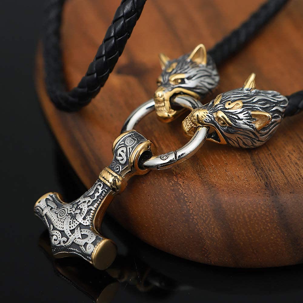 WorldNorse Viking Wolf Head Leather Necklace