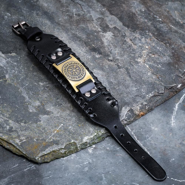 WorldNorse Genuine Leather Buckle Arm Cuff Vegvisir Metal Bracelet - image 9