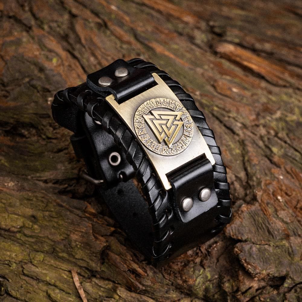 WorldNorse Genuine Leather Buckle Arm Cuff Valknut Rune Metal Bracelet