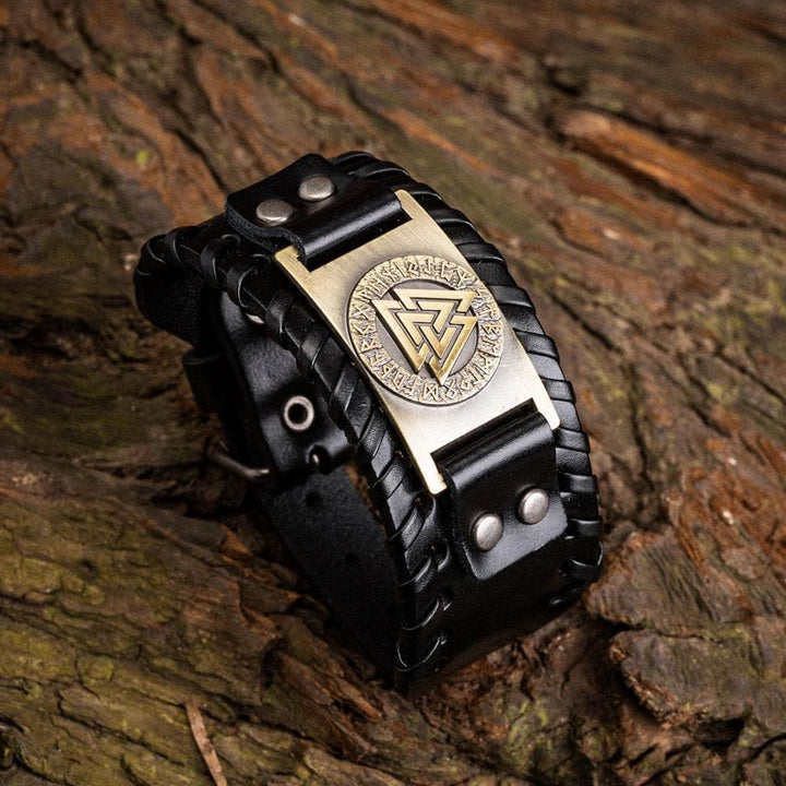 WorldNorse Genuine Leather Buckle Arm Cuff Valknut Rune Metal Bracelet