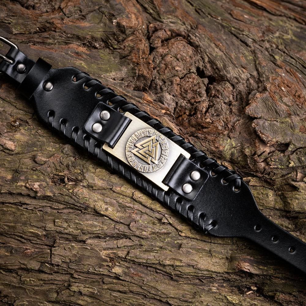 WorldNorse Genuine Leather Buckle Arm Cuff Valknut Rune Metal Bracelet