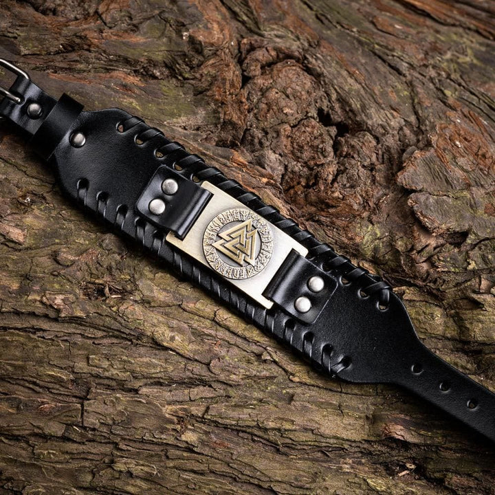WorldNorse Genuine Leather Buckle Arm Cuff Valknut Rune Metal Bracelet