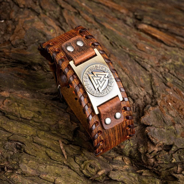 WorldNorse Genuine Leather Buckle Arm Cuff Valknut Rune Metal Bracelet
