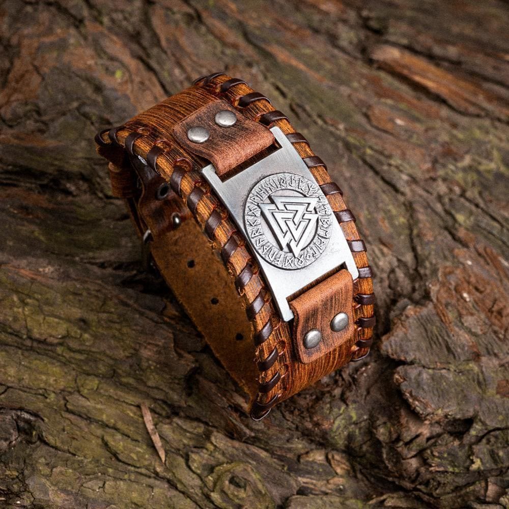 WorldNorse Genuine Leather Buckle Arm Cuff Valknut Rune Metal Bracelet