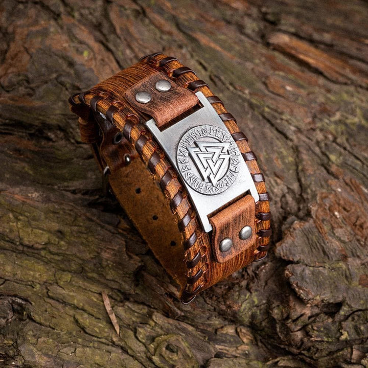 WorldNorse Genuine Leather Buckle Arm Cuff Valknut Rune Metal Bracelet