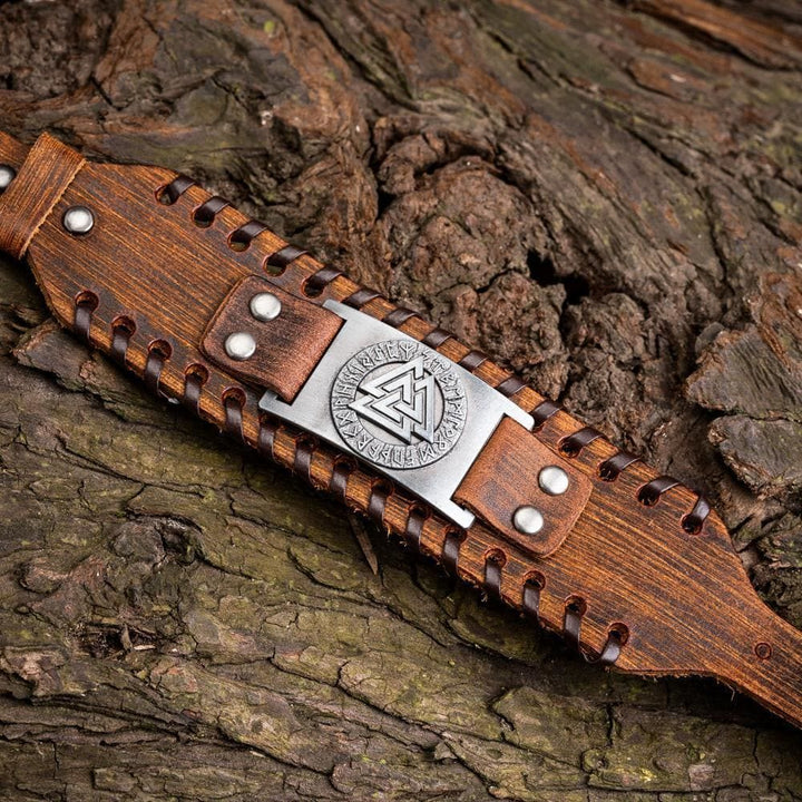 WorldNorse Genuine Leather Buckle Arm Cuff Valknut Rune Metal Bracelet
