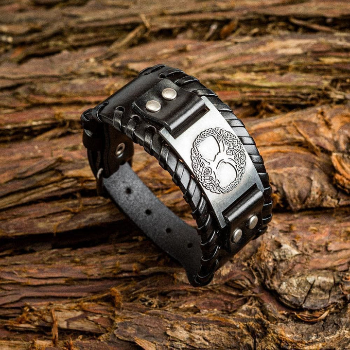WorldNorse Genuine Leather Buckle Arm Cuff Yggdrasil Metal Bracelet
