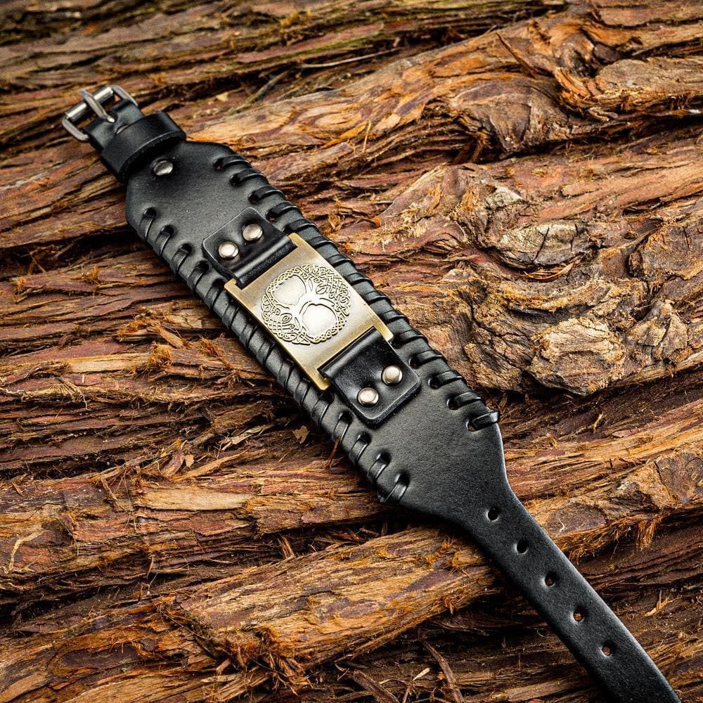 WorldNorse Genuine Leather Buckle Arm Cuff Yggdrasil Metal Bracelet