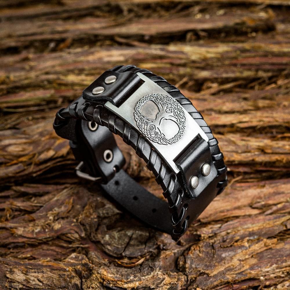 WorldNorse Genuine Leather Buckle Arm Cuff Yggdrasil Metal Bracelet