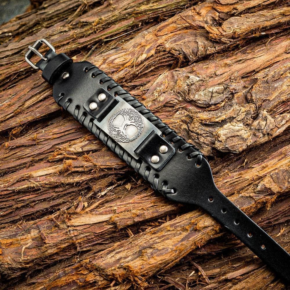 WorldNorse Genuine Leather Buckle Arm Cuff Yggdrasil Metal Bracelet