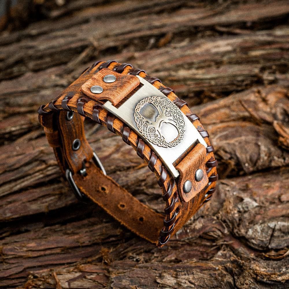 WorldNorse Genuine Leather Buckle Arm Cuff Yggdrasil Metal Bracelet