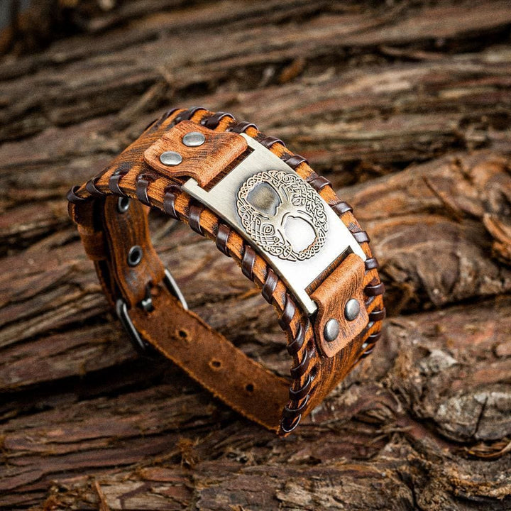 WorldNorse Genuine Leather Buckle Arm Cuff Yggdrasil Metal Bracelet