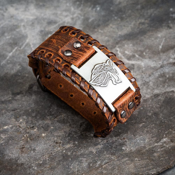 WorldNorse Genuine Leather Buckle Arm Cuff Wolves Metal Bracelet