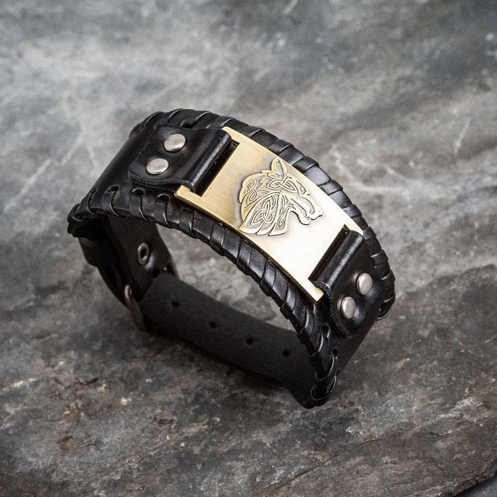 WorldNorse Genuine Leather Buckle Arm Cuff Wolves Metal Bracelet