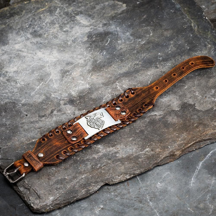 WorldNorse Genuine Leather Buckle Arm Cuff Wolves Metal Bracelet