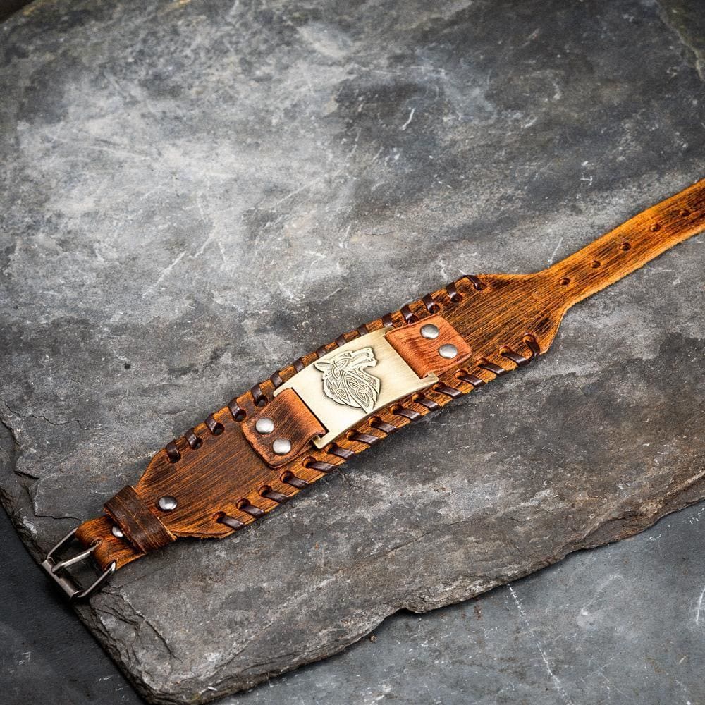 WorldNorse Genuine Leather Buckle Arm Cuff Wolves Metal Bracelet