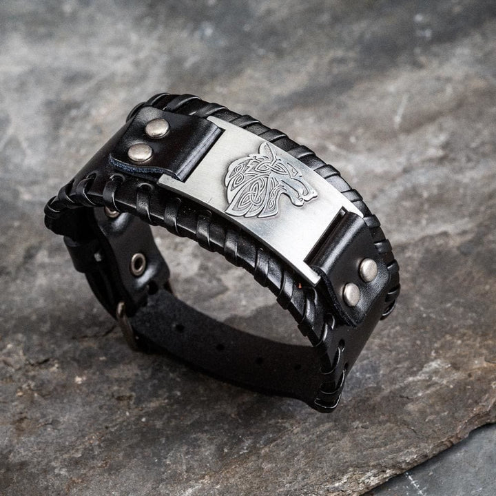 WorldNorse Genuine Leather Buckle Arm Cuff Wolves Metal Bracelet