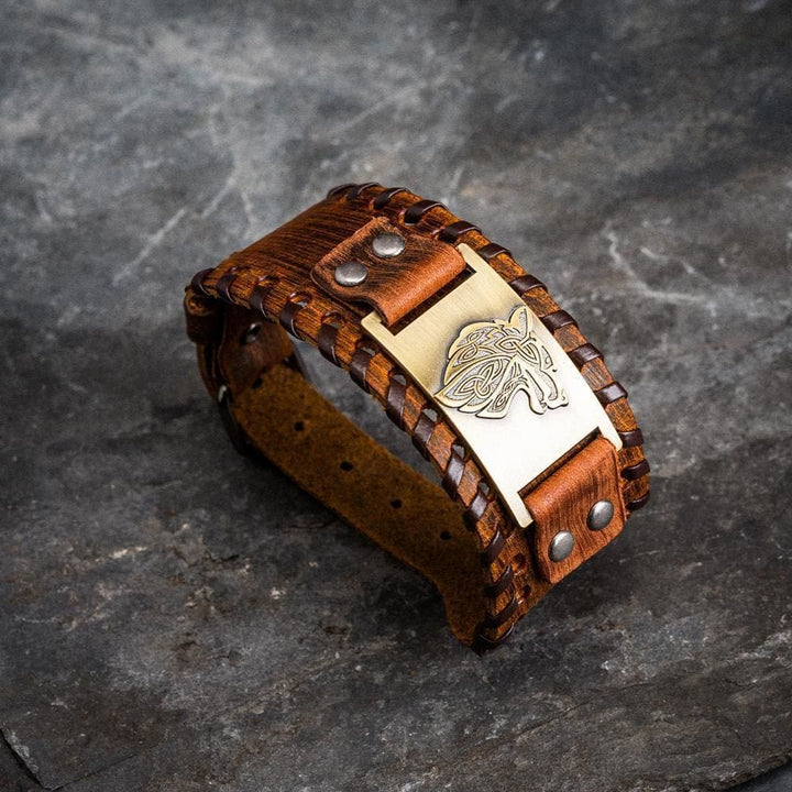 WorldNorse Genuine Leather Buckle Arm Cuff Wolves Metal Bracelet - Retro Bronze+Brown Leather - image 6