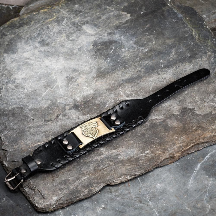WorldNorse Genuine Leather Buckle Arm Cuff Wolves Metal Bracelet