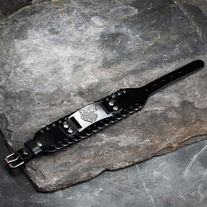 WorldNorse Genuine Leather Buckle Arm Cuff Wolves Metal Bracelet