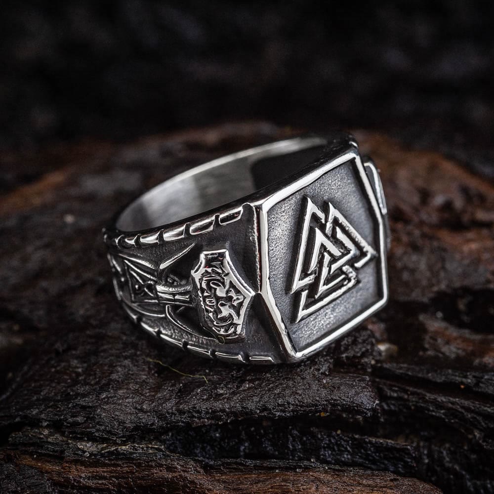 WorldNorse Men's Viking Valknut And Mjolnir Pattern Ring - image 3