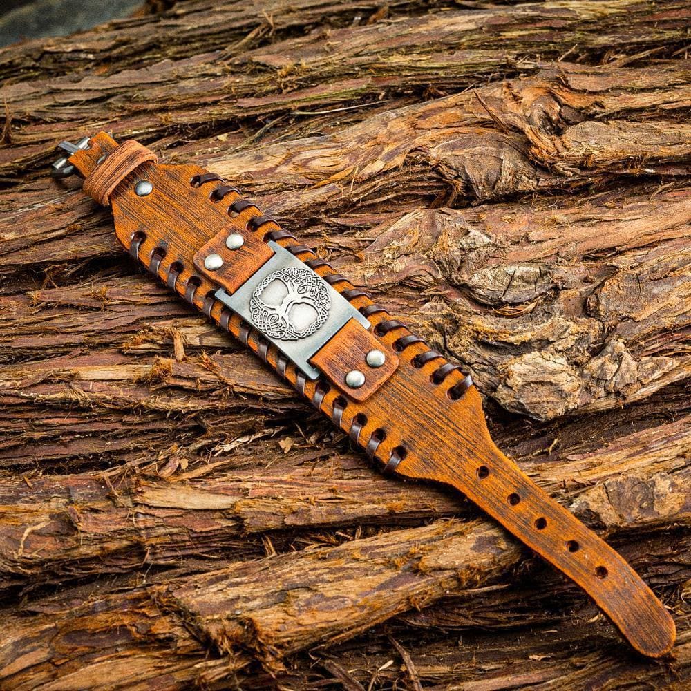 WorldNorse Genuine Leather Buckle Arm Cuff Yggdrasil Metal Bracelet