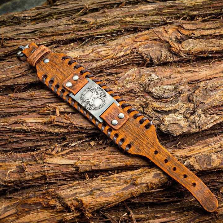WorldNorse Genuine Leather Buckle Arm Cuff Yggdrasil Metal Bracelet