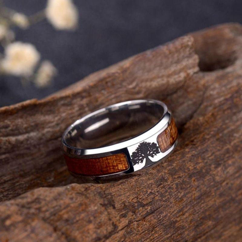 WorldNorse Stainless Steel Yggdrasil And Wood Inlay Ring - AU Size Z (US 13) - image 0