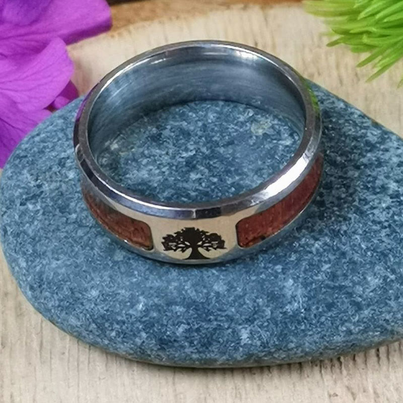 WorldNorse Stainless Steel Yggdrasil And Wood Inlay Ring - image 2