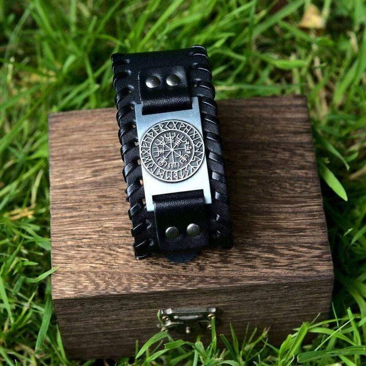 WorldNorse Genuine Leather Buckle Arm Cuff Vegvisir Metal Bracelet - image 2