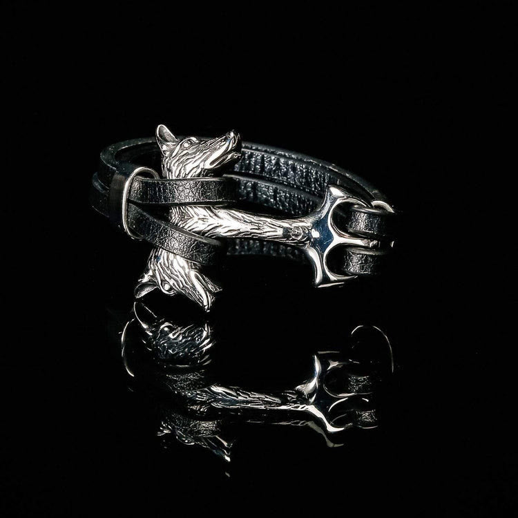 WorldNorse Wolf Fenrir's Head In Leather Bracelet