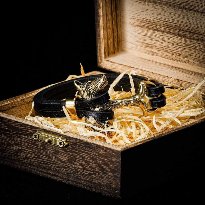 WorldNorse Wolf Fenrir's Head In Leather Bracelet - Gold - image 0