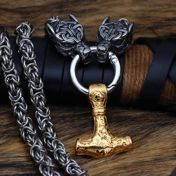 WorldNorse Wolves And Mjolnir's Power Necklace - Gold - 70cm - image 3