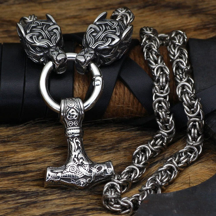 WorldNorse Wolves And Mjolnir's Power Necklace - Silver - 70cm - image 0