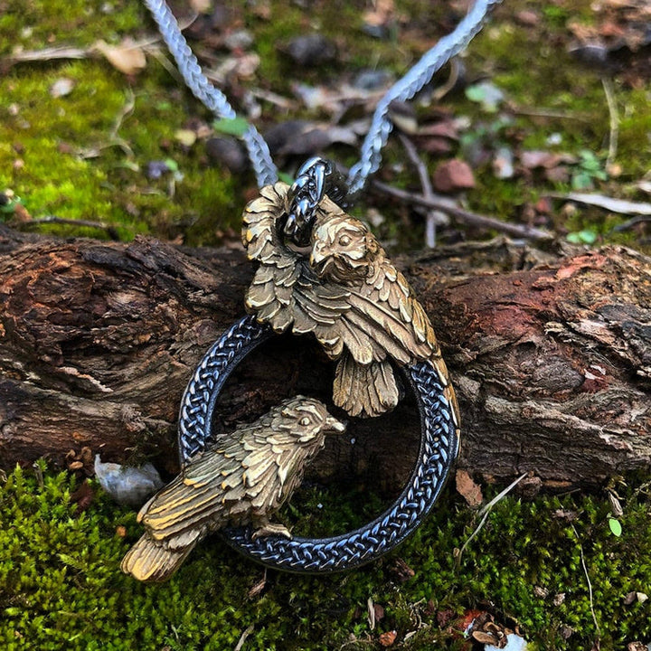 WorldNorse Handmade Odin's Ravens Huginn and Muninn Necklace - Silver&Gold - image 0