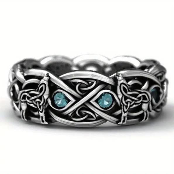 WorldNorse Medieval Celtic With Wolf Blue Topaz Ring - AU Size Z（US 13） - image 0