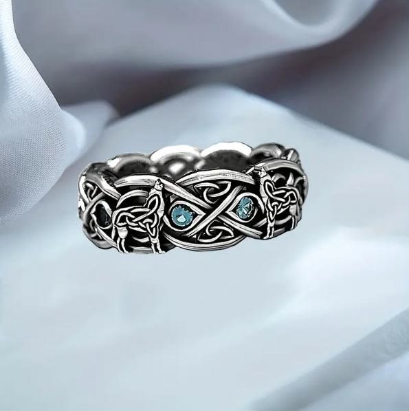 WorldNorse Medieval Celtic With Wolf Blue Topaz Ring - image 4