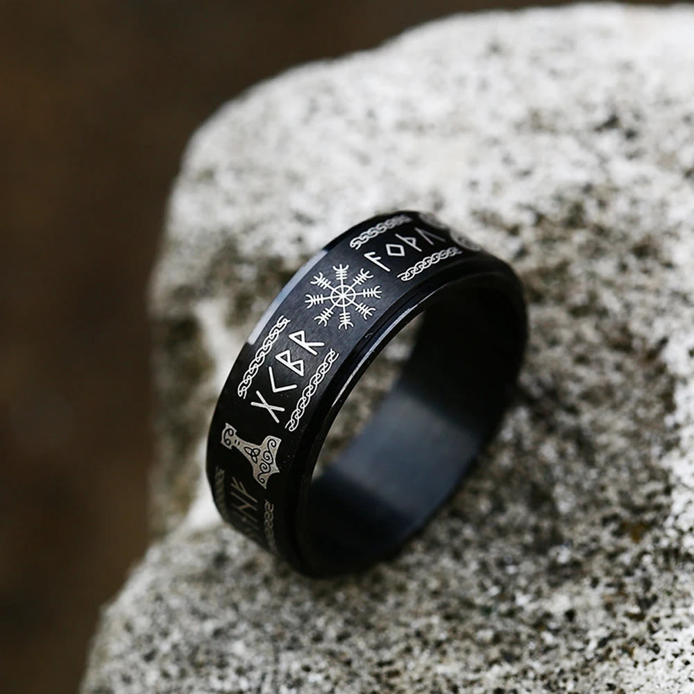 WorldNorse Rune Vegvisir Mjolnir Spinner Ring - Black - AU Size Y（US 12） - image 4