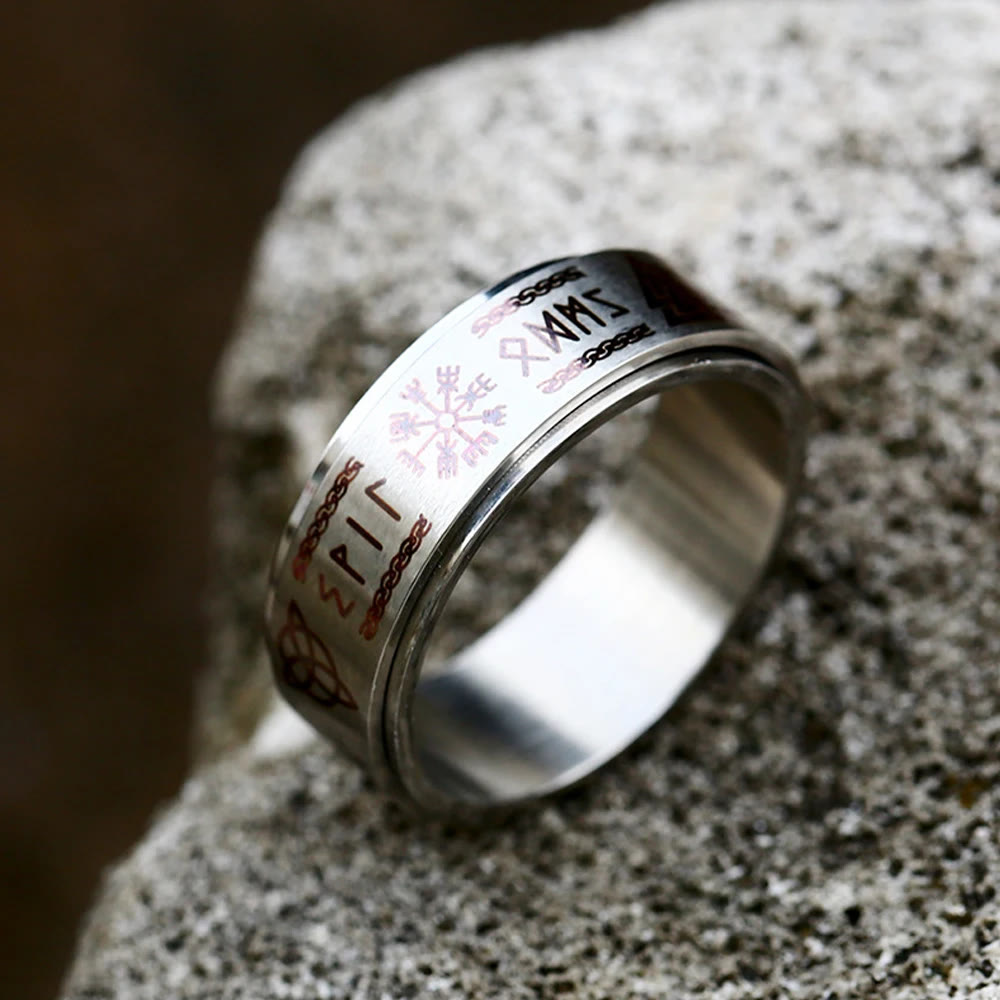 WorldNorse Rune Vegvisir Mjolnir Spinner Ring - Silver - AU Size Y（US 12） - image 1
