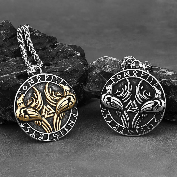 WorldNorse Odin Crow Raven Rune Around Valknut Necklace