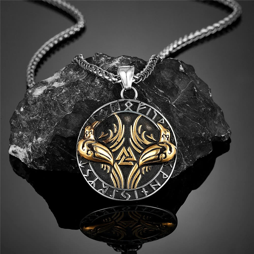 WorldNorse Odin Crow Raven Rune Around Valknut Necklace