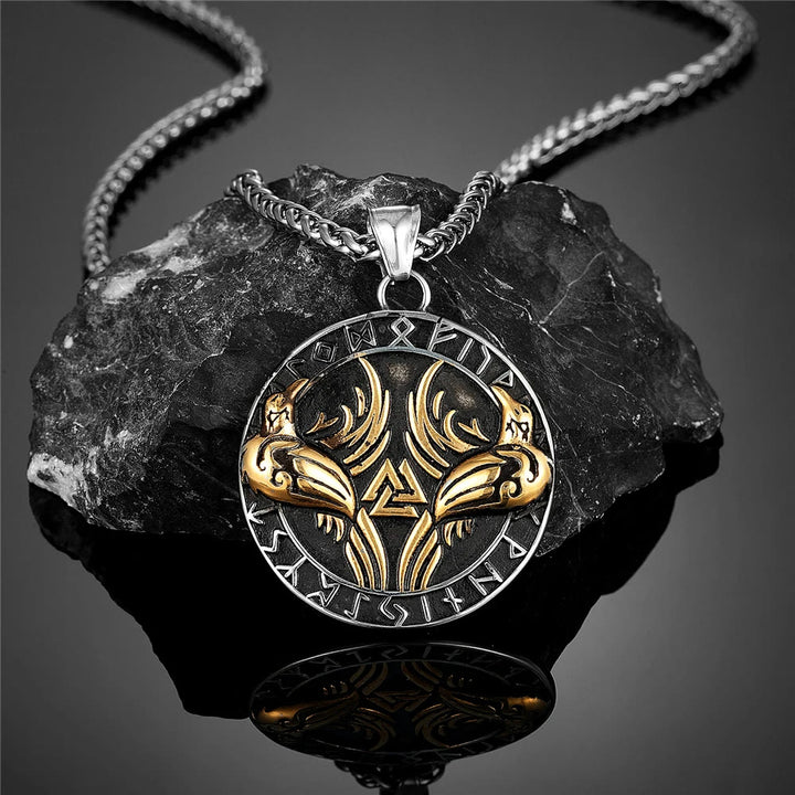 WorldNorse Odin Crow Raven Rune Around Valknut Necklace