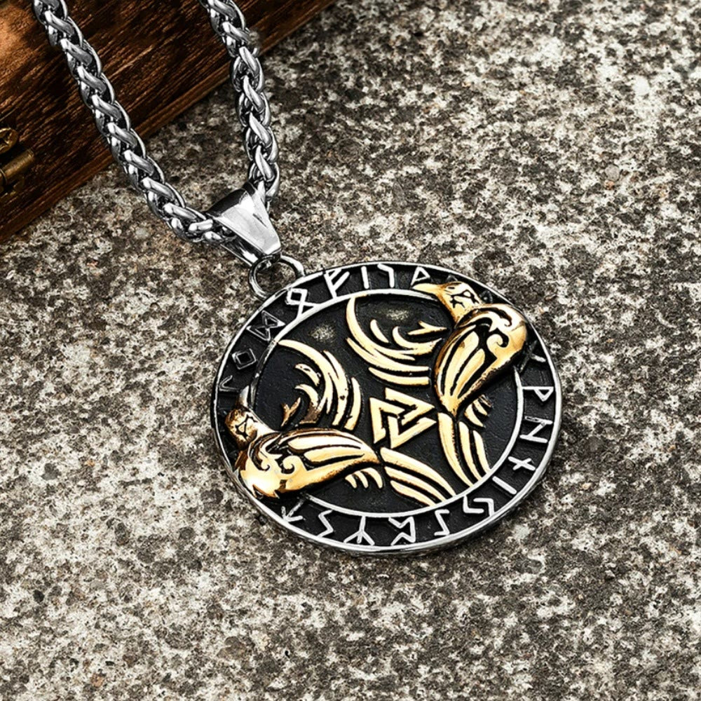 WorldNorse Odin Crow Raven Rune Around Valknut Necklace