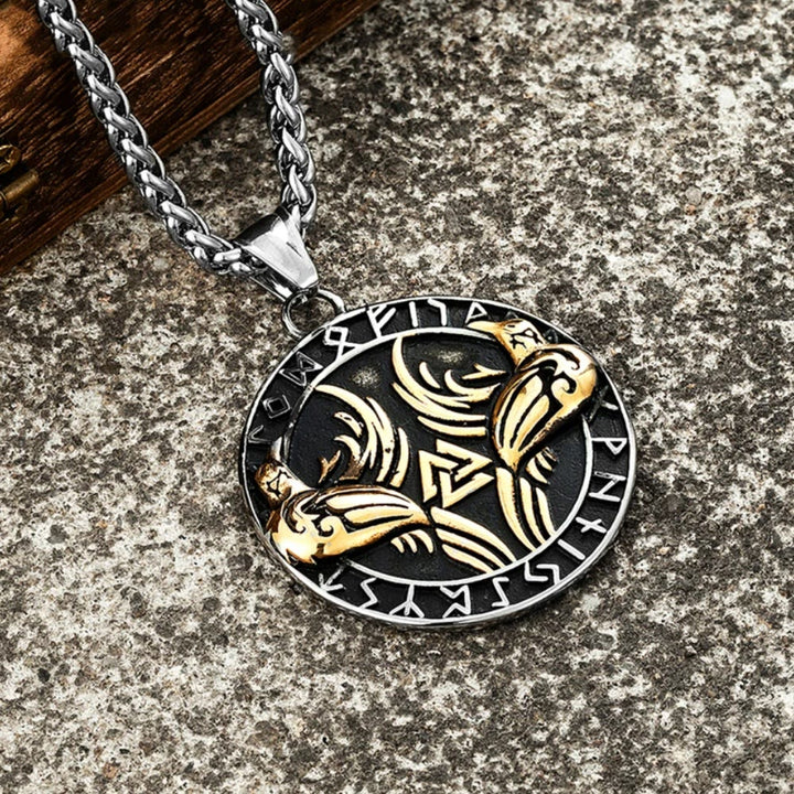 WorldNorse Odin Crow Raven Rune Around Valknut Necklace