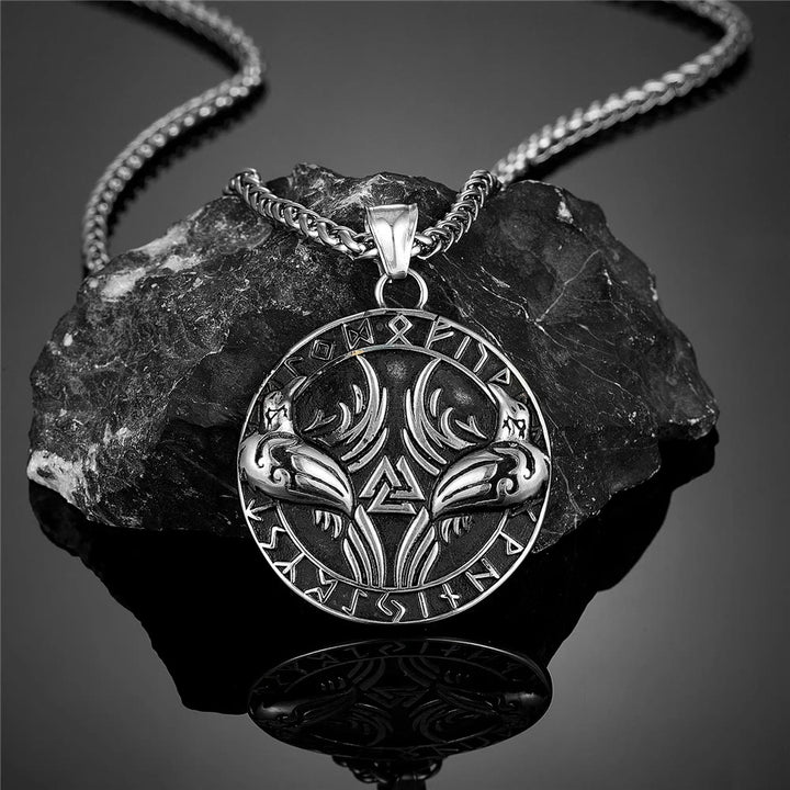 WorldNorse Odin Crow Raven Rune Around Valknut Necklace