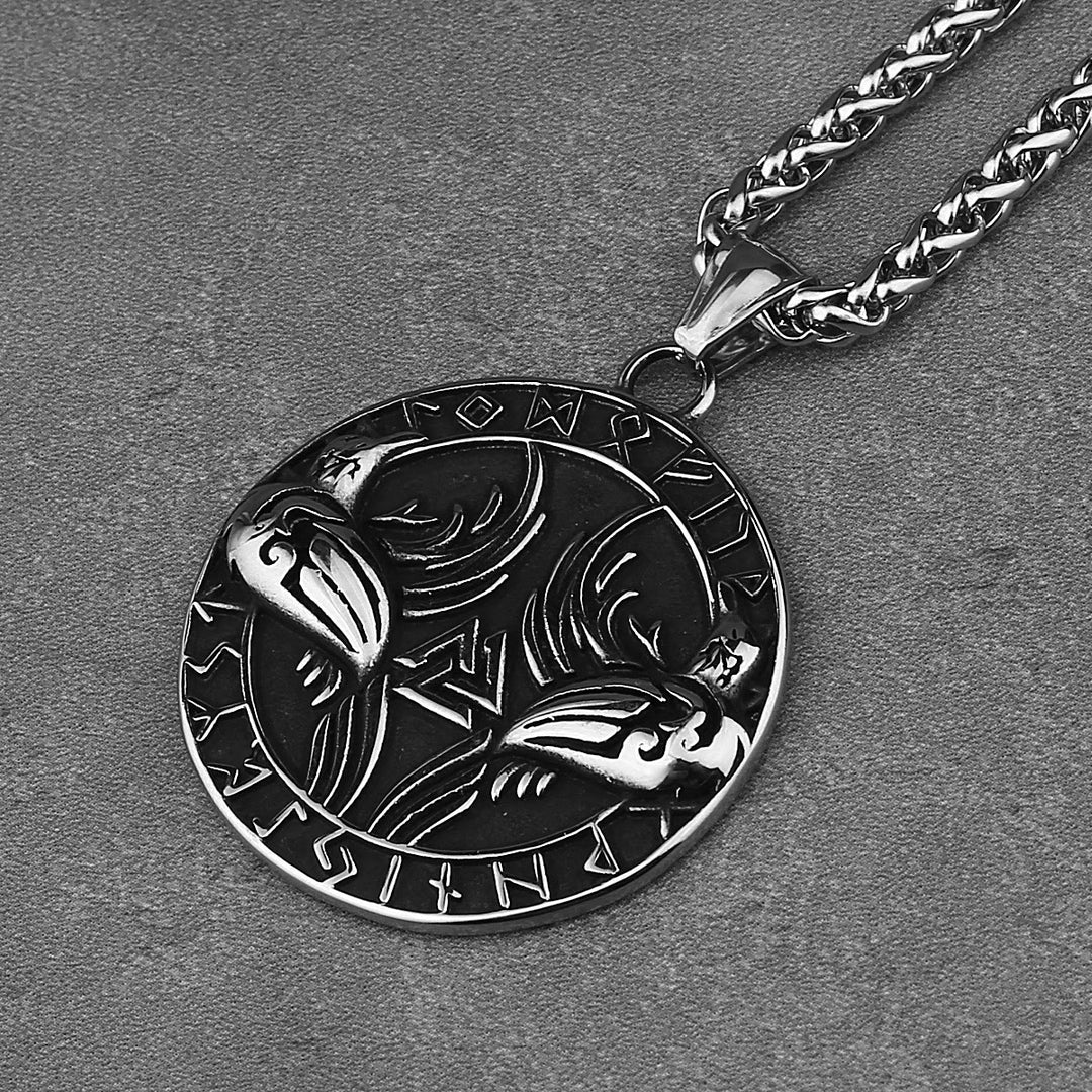 WorldNorse Odin Crow Raven Rune Around Valknut Necklace