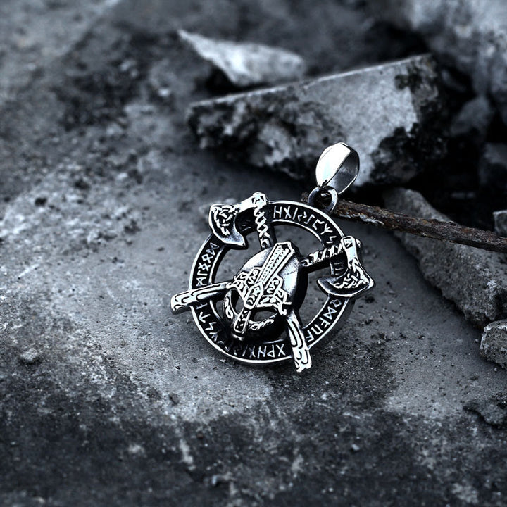WorldNorse Double Tomahawk Warrior Helmet With Rune Necklace