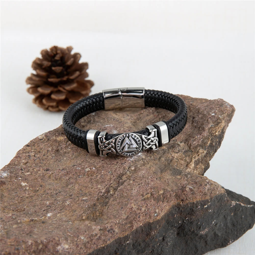 WorldNorse Valknut With Celtic Knot Leather Bracelet
